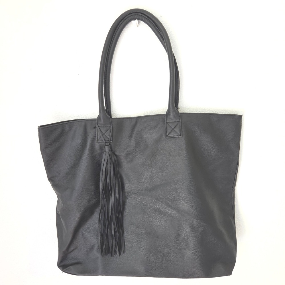 Chico's Large Black Faux Leather Tassel Tote Shoulder Bag Work Purse 20" XL